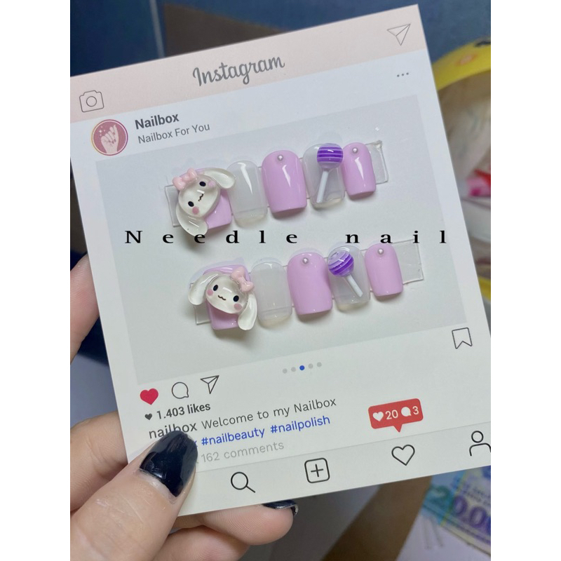 Nail box thiết kế đính charm thỏ siêu cute hồng pastel