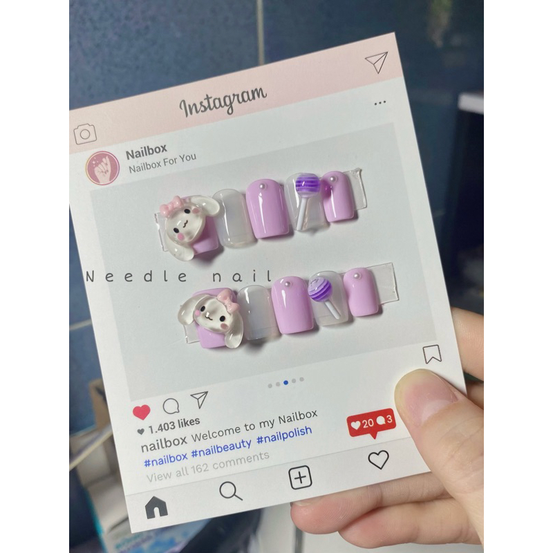 Nail box thiết kế đính charm thỏ siêu cute hồng pastel