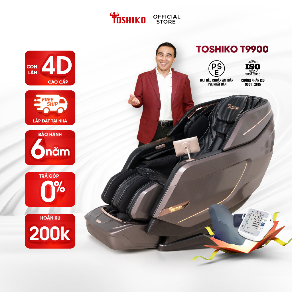 Ghế massage trị liệu toàn thân Toshiko T9900 bảo hành 6 năm công nghệ con lăn 6D và túi khí cao cấp tặng quà hấp dẫn