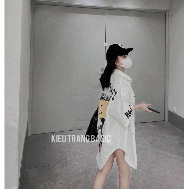 Set bộ sơ mi jean trắng hồng chữ wof hình siêu đẹp