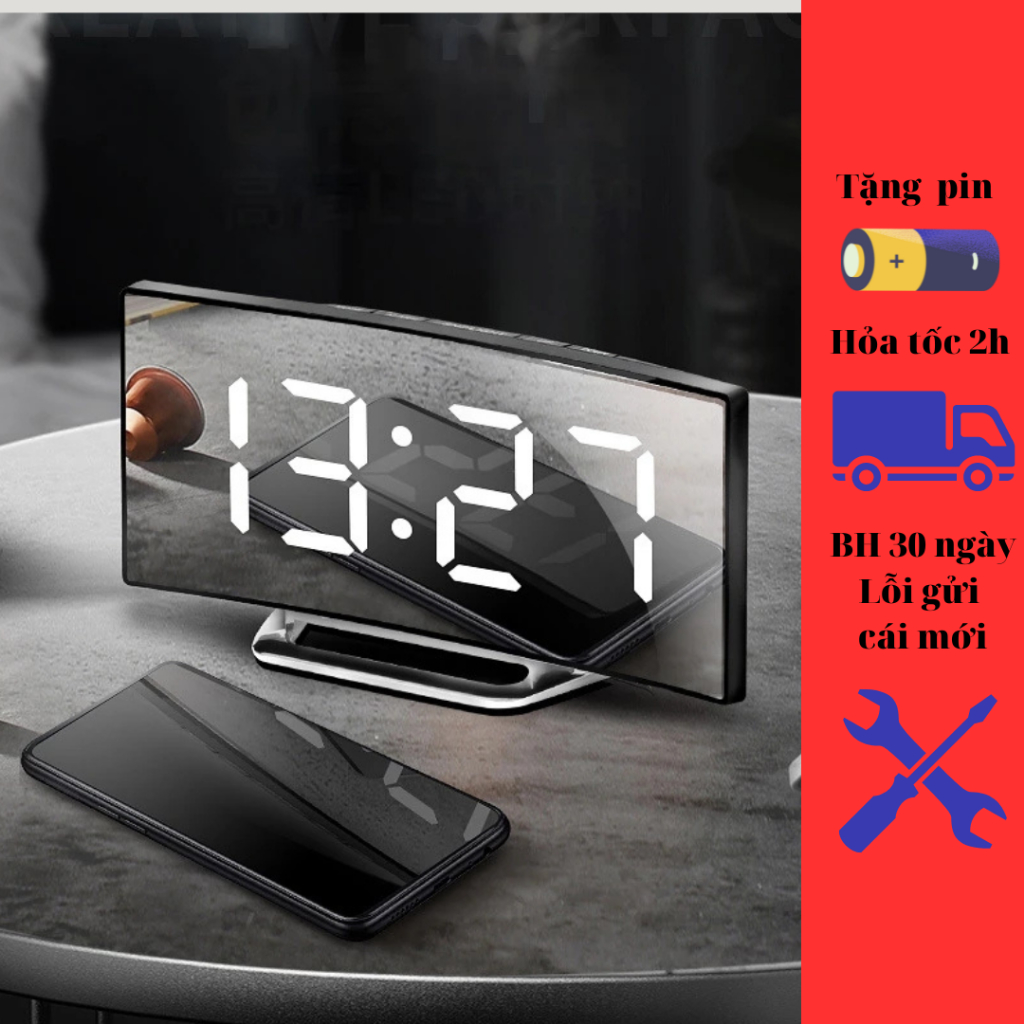 Đồng hồ điện tử mặt cong tích hợp đèn led có tráng gương hiện đại cao cấp