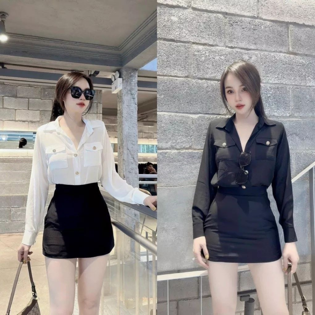 Set chân váy ôm Form ngắn mix áo sơ mi tay dài cổ bẻ đình nút siêu cute