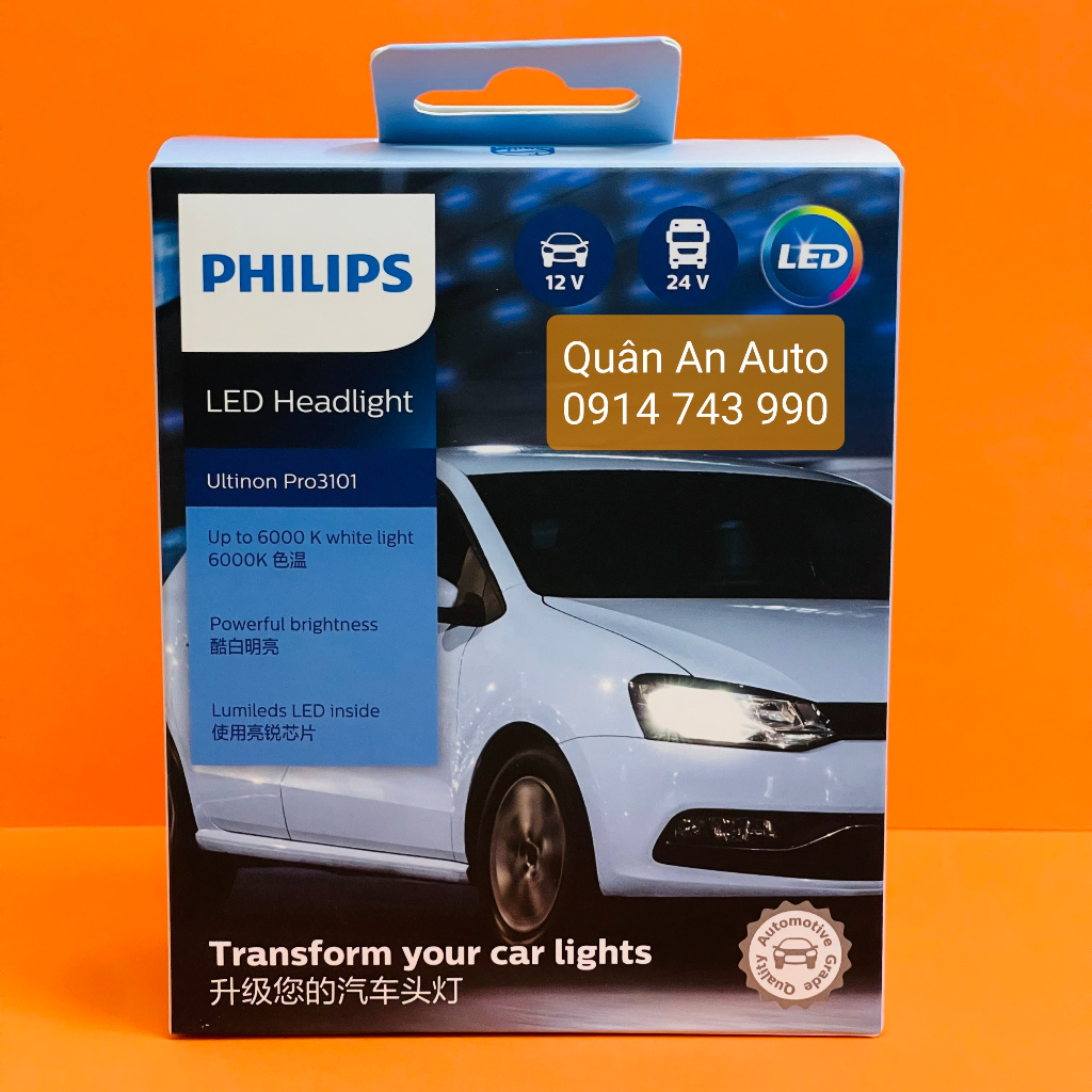 Combo 2 bóng Đèn pha LED Philips Ultinon Pro3101 chính hãng chuẩn chân H4 12V và 24V
