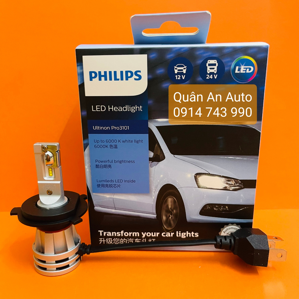 Combo 2 bóng Đèn pha LED Philips Ultinon Pro3101 chính hãng chuẩn chân H4 12V và 24V