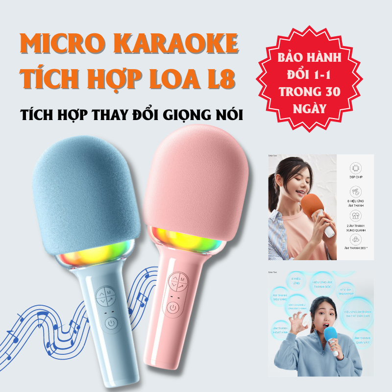 Micro karaoke bluetooth không dây kinyo L8 tích hợp loa thay đổi giọng nói có đèn led RBG