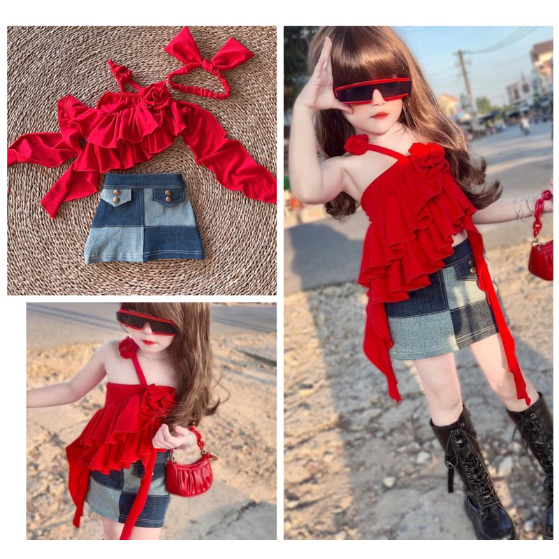 Bộ chan váy jeans+ áo dây cho bé gái