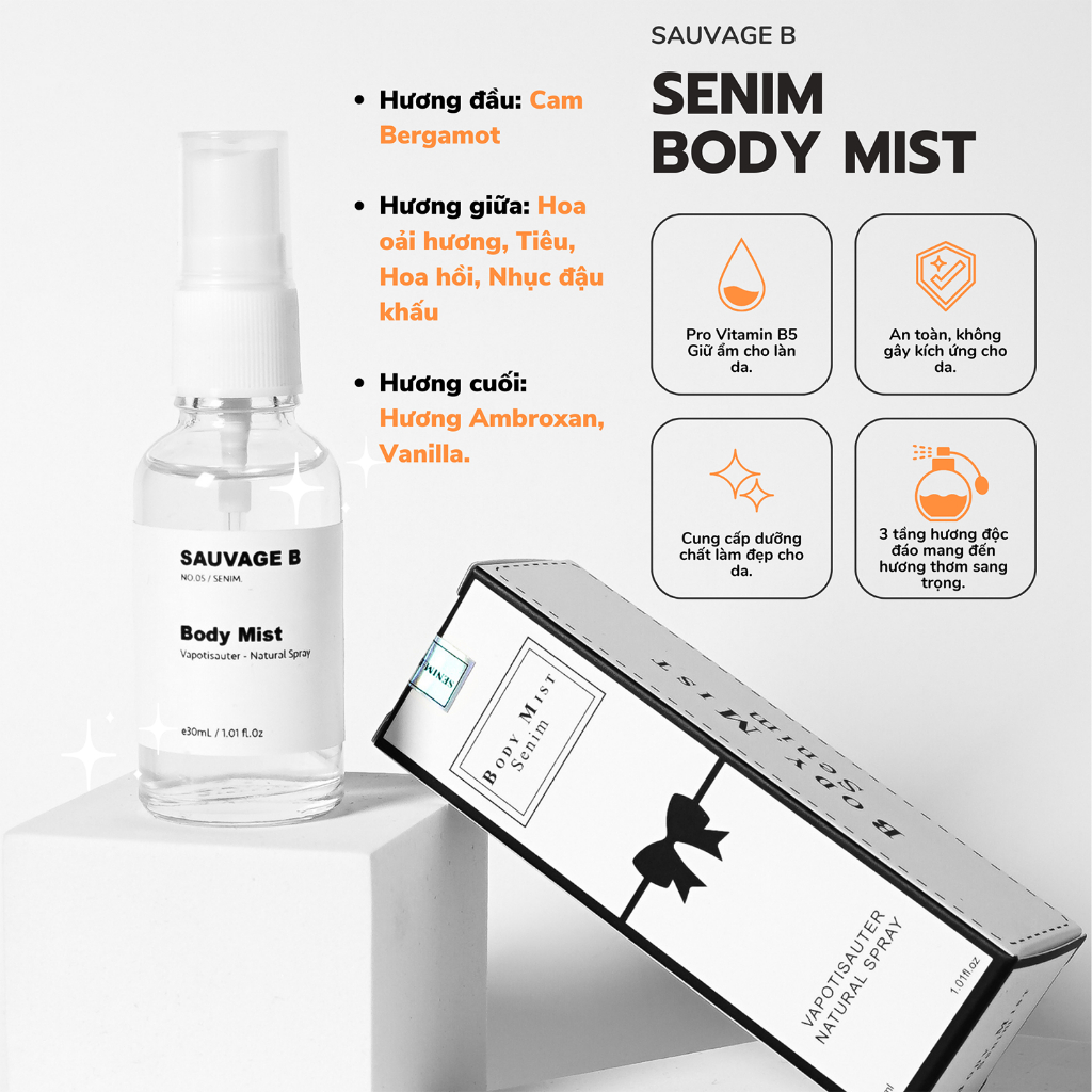 Body mist nam nữ hương nước hoa Sauvage B, xịt thơm body mist mini hương thơm sang trọng 30mL