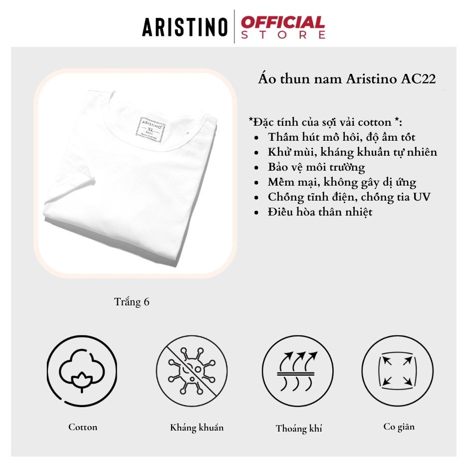 Áo phông nam ARISTINO AC22 thun trắng trơn cổ tròn tay ngắn chất cotton thoáng mát thấm hút mồ hôi mặc quanh năm
