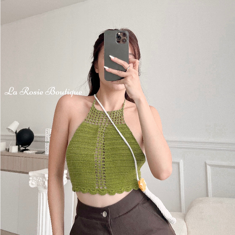 Áo yếm croptop nữ đan/móc handmade Lala Crochet (áo crochet ôm body cổ yếm hở lưng) | LA65