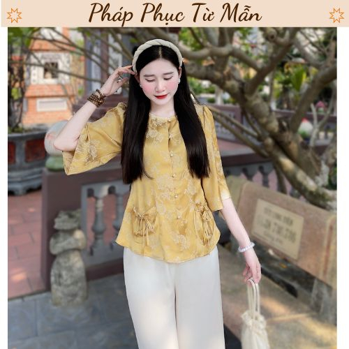 Set bộ đồ lam đi chùa nữ cổ tròn túi tiền Pháp phục đi chùa cách tân Đồ bộ đi lễ lụa vân hoa mềm mịn sang trọng