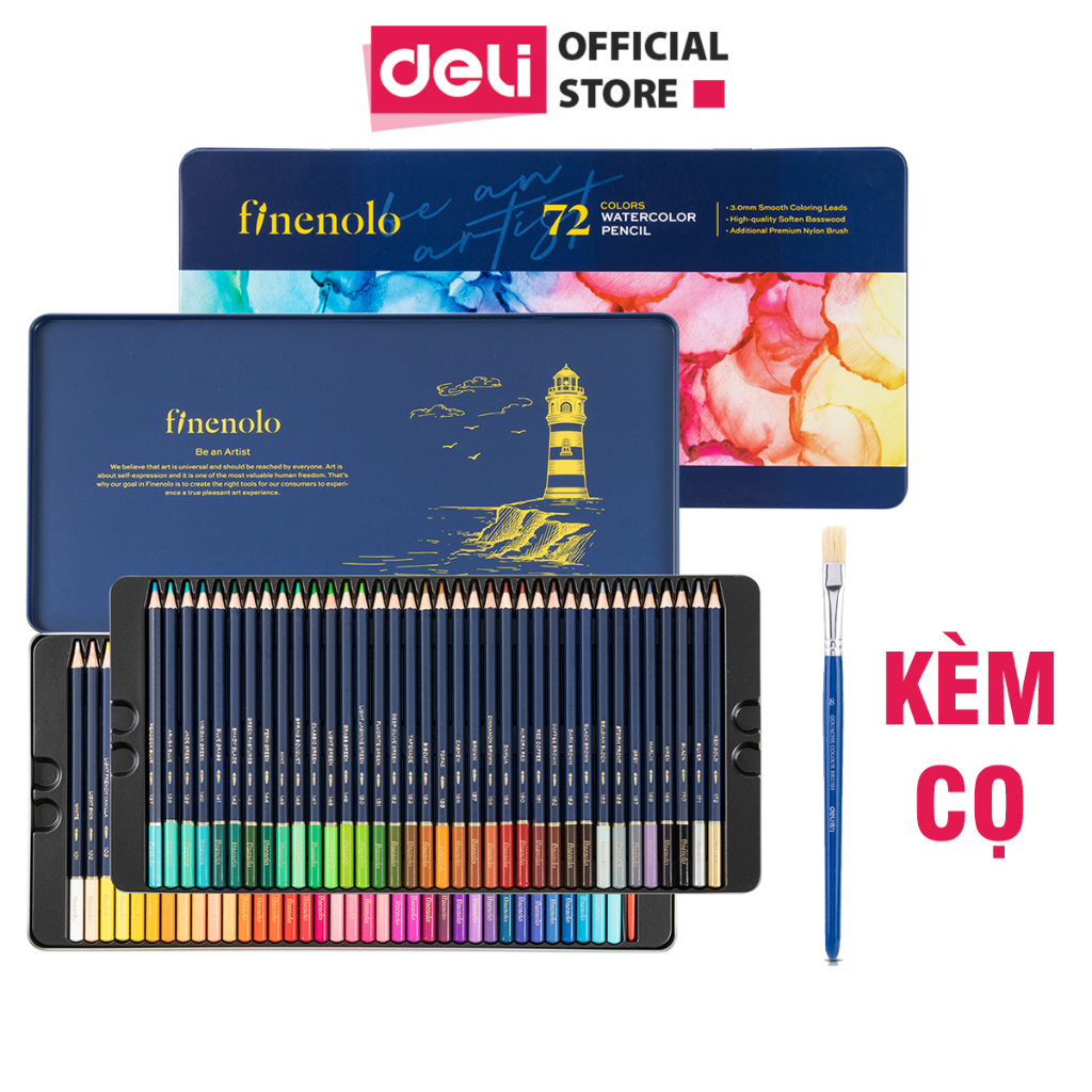 Bút Chì Màu Gốc Nước Kèm Cọ Tán Cao Cấp Hộp Thiếc Chuyên Nghiệp Finenolo Deli - Phù Hợp Vẽ Thiết Kế Tô Màu