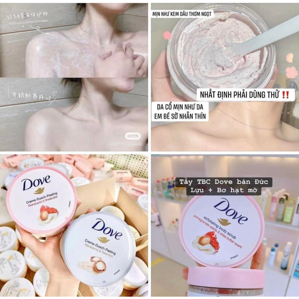 Tẩy da chết DOVE bản ĐỨC Tẩy Da Chết Toàn Thân Body DOVE Creme Dusch Peeling 225ml MACCA VÀ LỰU
