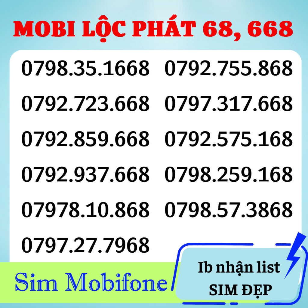 Sim mobifone số đẹp LỘC PHÁT 68, 668, 168, 368, 568, Đầu số 07, 079, 078, Sim Mobi [Đăng ký chính chủ + ESIM: FREE]