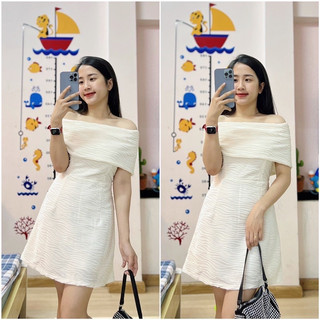 Váy body trễ vai vải gân nổi - 3 màu Trắng, Đen, Be