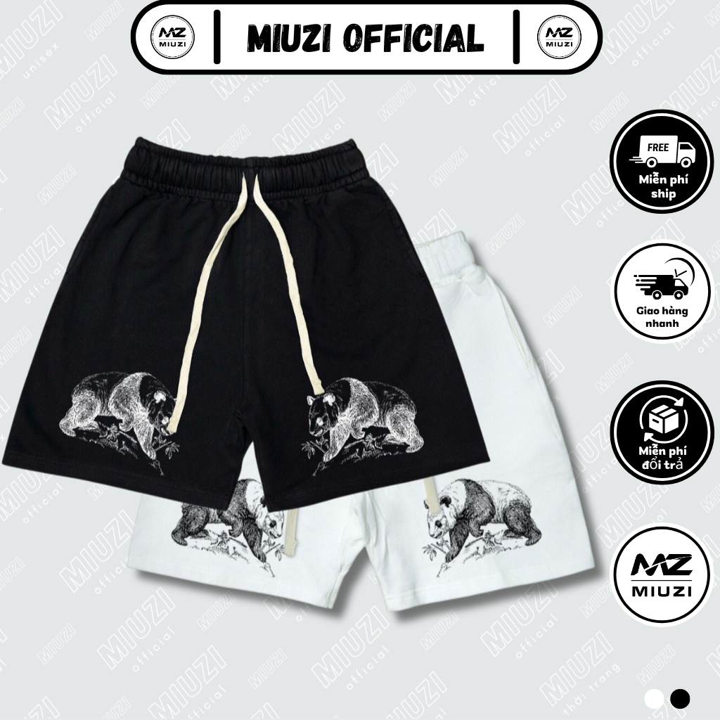 Quần short nam local brand Miuzi họa tiết gấu trúc xuống núi vải nỉ da cá DT214