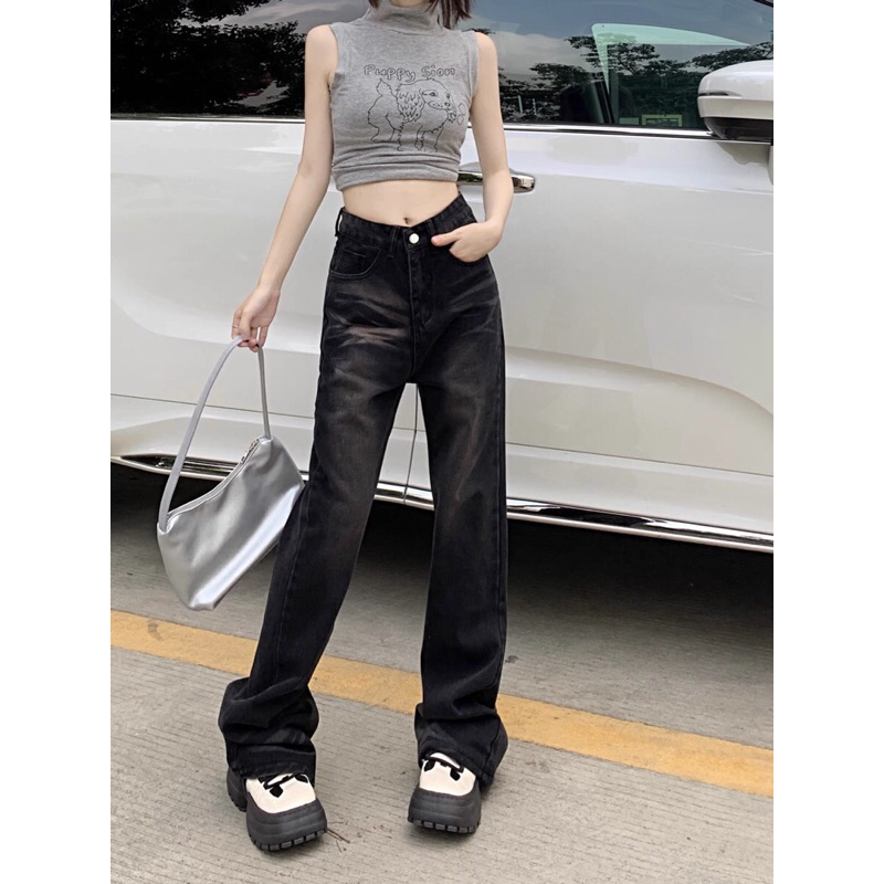 Quần Jeans Ống Rộng Loang Nhạt Xinh Xắn Uzllang
