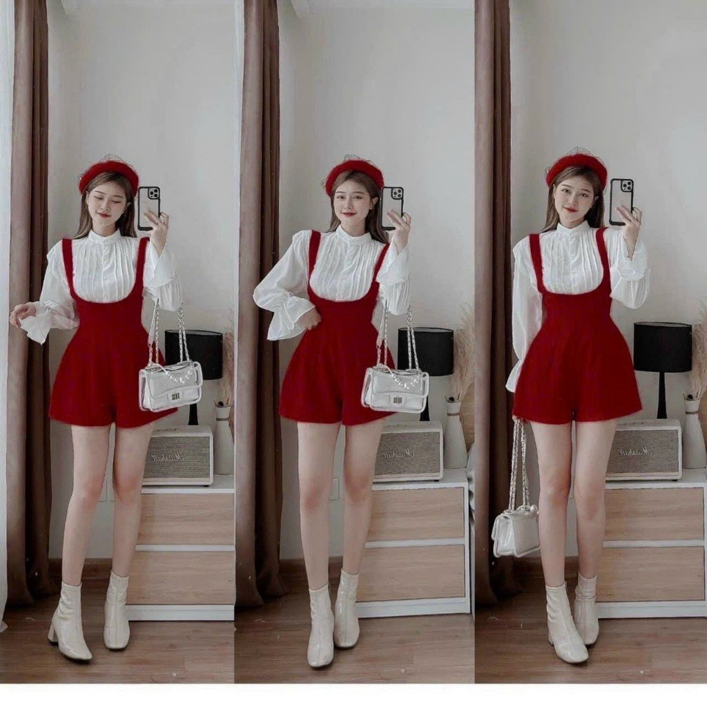 Set jum nữ ngắn kèm áo trắng dập ly cổ trụ tay bèo dễ thương cho nàng đi chơi và dự tiệc