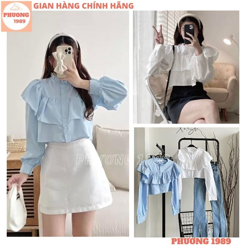 Áo sơ mi croptop cổ viền bèo tay bồng điệu đà cực xinh, Áo sơ mi dài tay cổ tàu dáng ngắn tiểu thư thời trang - 1989