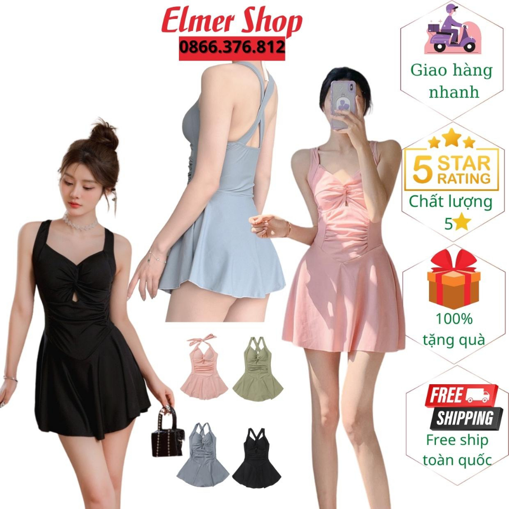 Đồ bơi liền thân đi biển ElmerShop BK, Bikini 1 mảnh kín đáo 2 dây chân váy có quần bảo hộ vô cùng trẻ trung