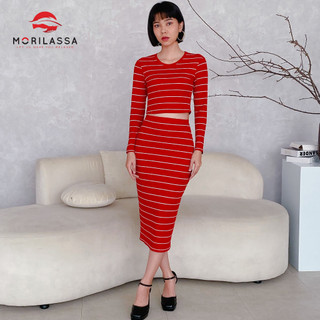 Set áo croptop tay dài + Chân váy body kẻ sọc dáng dài MORILASSA