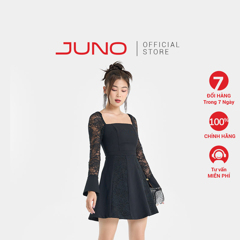 Đầm Mini Nữ Thời Trang JUNO Phối Ren Cúp Ngực Tay Dài JNDLU054