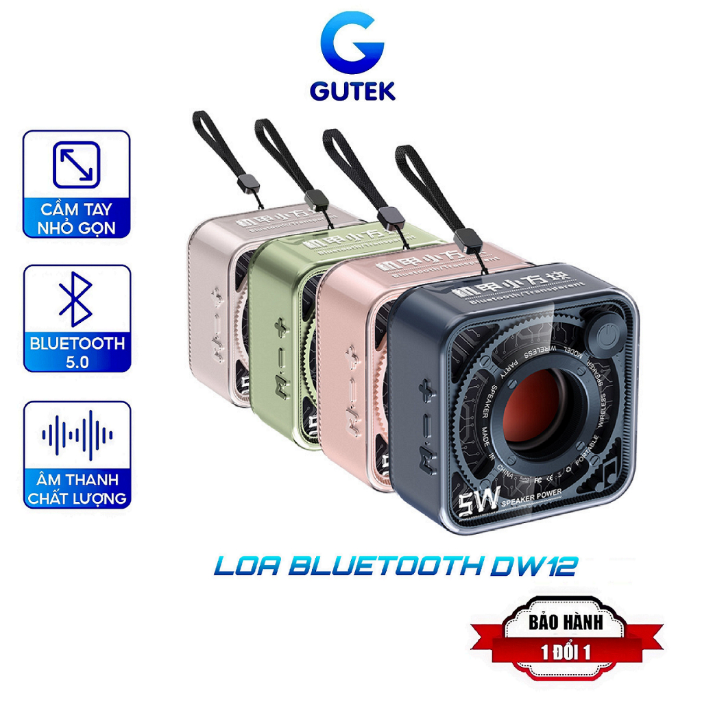 Loa bluetooth nghe nhạc mini bass mạnh Gutek DW12 vỏ trong suốt cầm tay nhỏ gọn dây hỗ trợ thẻ nhớ