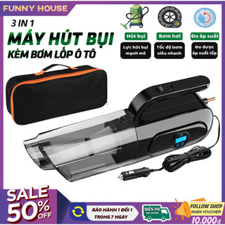 Máy hút bụi Ô tô cầm tay, Máy bơm lốp Oto đa năng 3 in 1 gồm hút bụi, bơm hơi tự ngắt và đo áp suất lốp