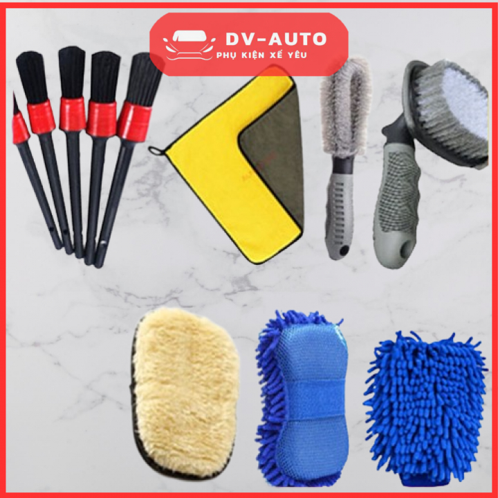 Bộ Dụng Cụ Vệ Sinh Xe Oto- Combo Cọ Rửa Gồm Găng Tay,Khăn Lau, Chổi Cọ Vành Lốp,Điều Hòa,Nội Thất by DV AUTO