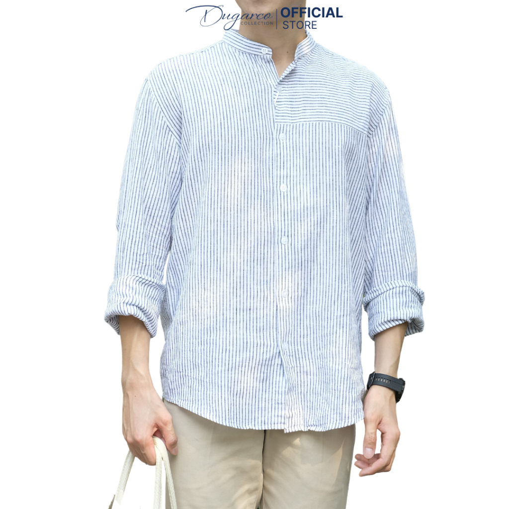 Áo Sơ Mi Nam Cổ Tàu Dugarco Form Rộng Vải Linen Dài Tay Họa Tiết kẻ Kiểu Dáng Casual Style Hàn Quốc 238SM21065