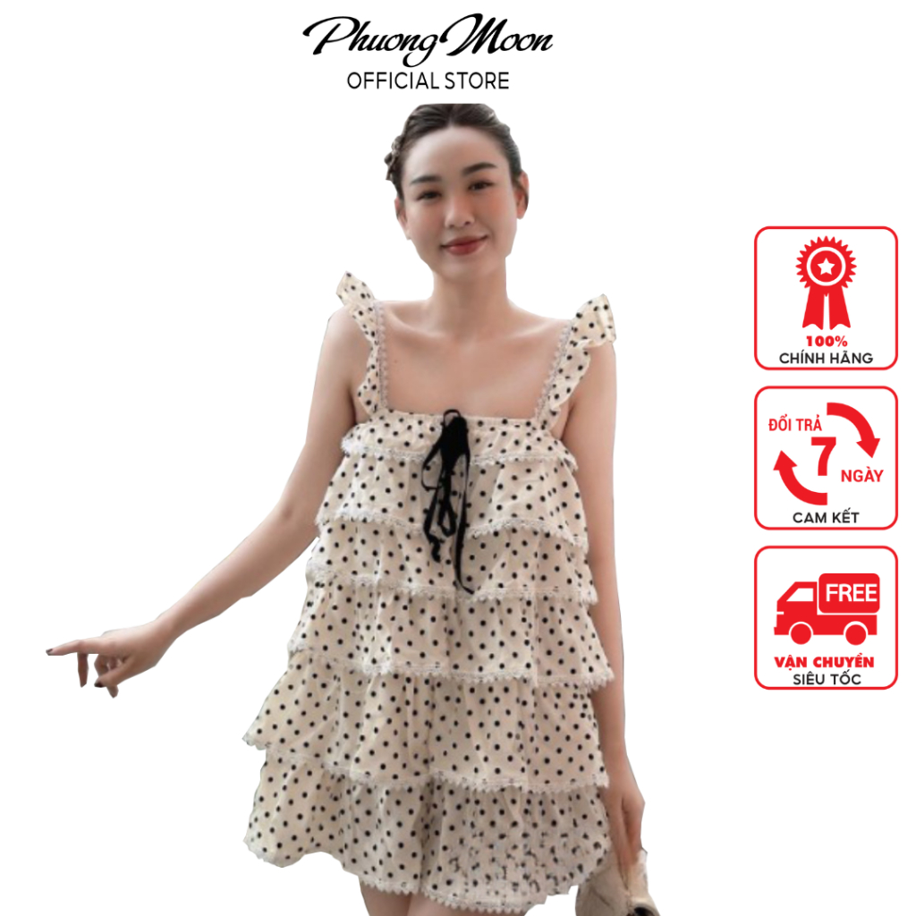 Váy mùa hè nữ dáng babydoll PHUONGMOON, kiểu tầng mix chấm bi