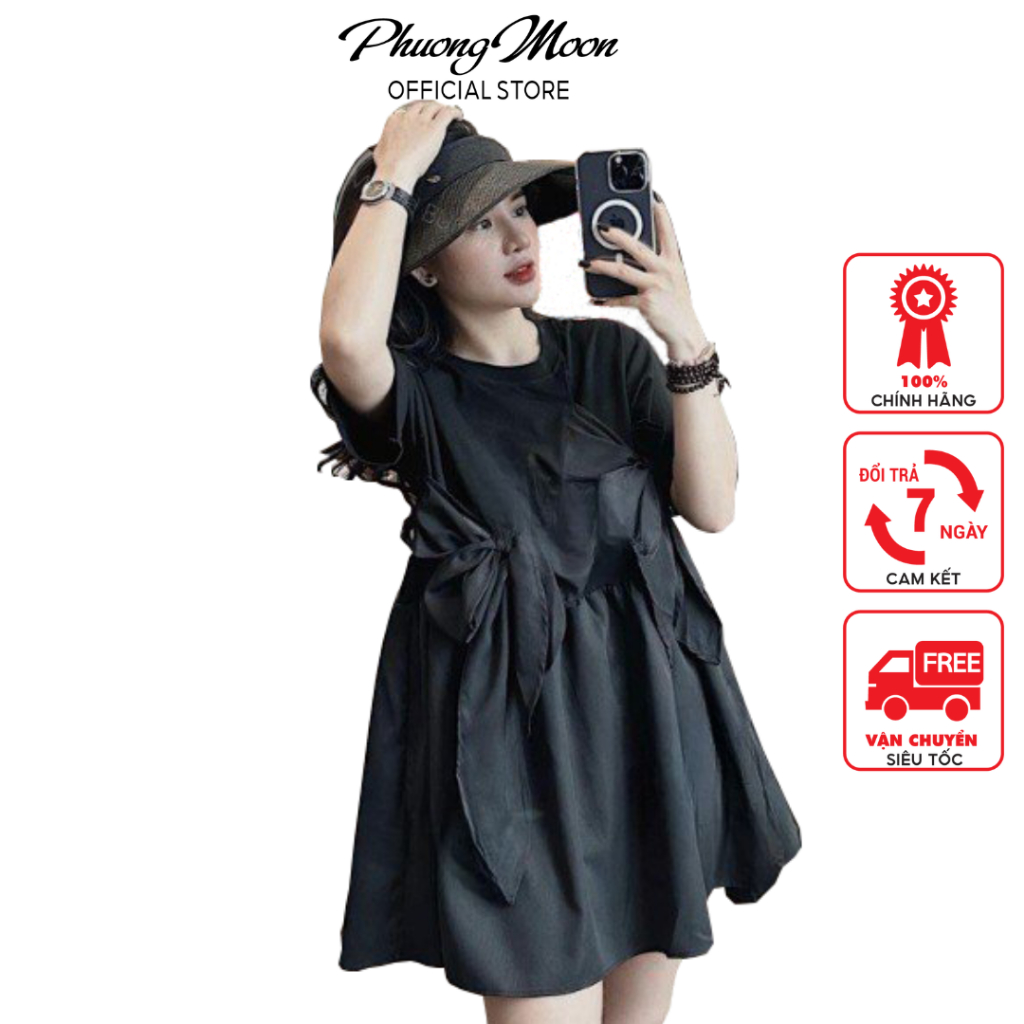 Váy babyboll nữ mùa hè PHUONGMOON, kiểu dáng trẻ trung mix nơ