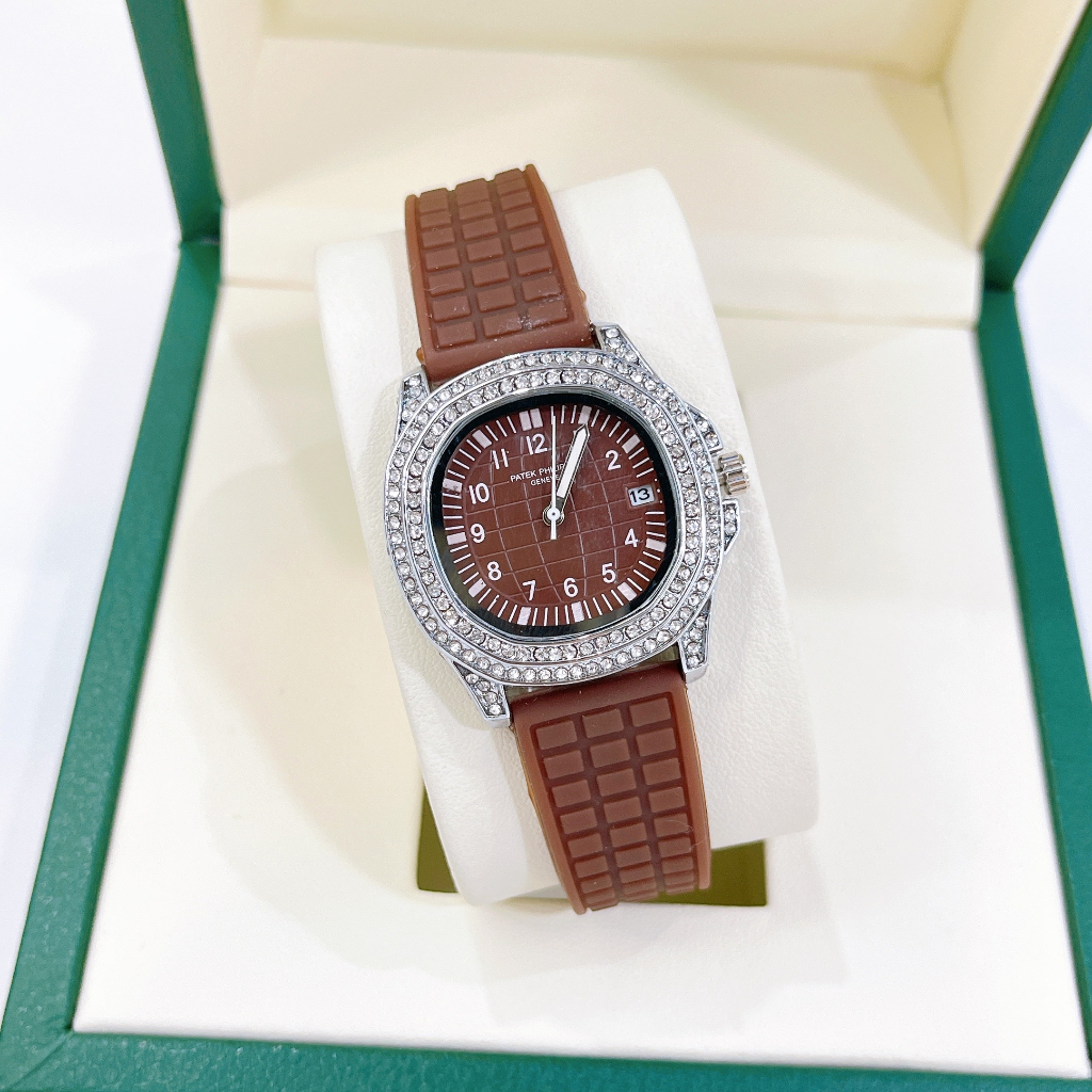 Đồng hồ nữ dây Silicone Pateck Philippe - Size 33mm, viền đính full đá, chống nước sinh hoạt dành cho nữ