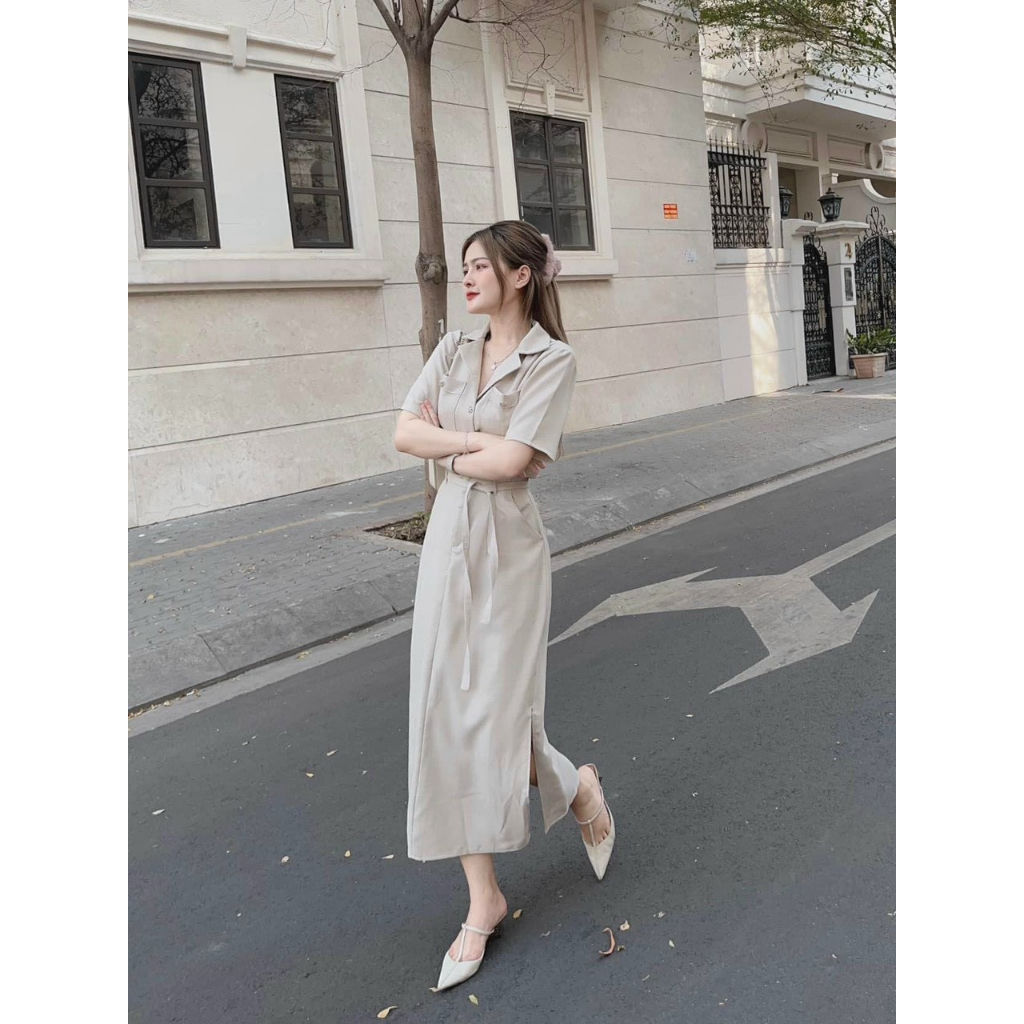 Chân váy dài có đi và áo cổ vest tay ngắn cài nút thật màu nude chất casmia cao cấp dày dặn thời trang nữ VESTA