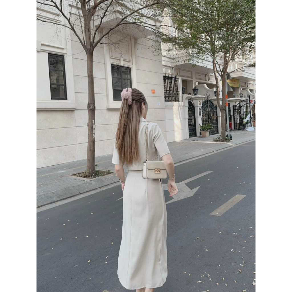 Chân váy dài có đi và áo cổ vest tay ngắn cài nút thật màu nude chất casmia cao cấp dày dặn thời trang nữ VESTA