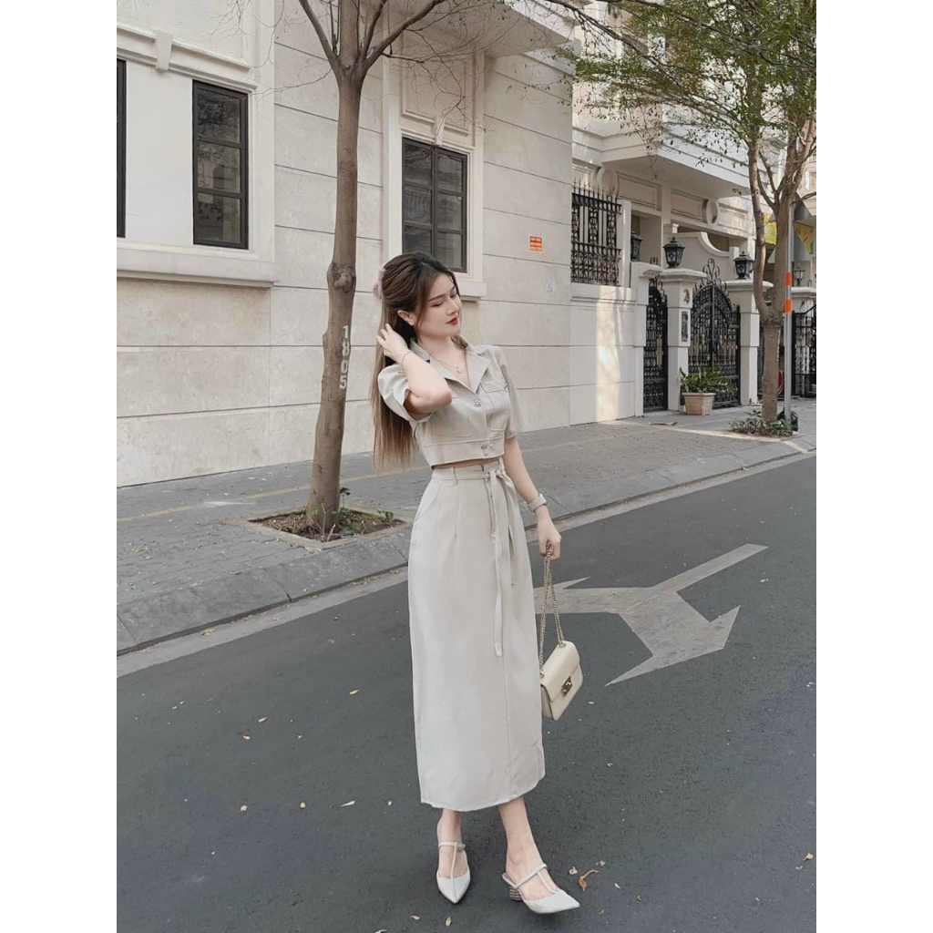 Chân váy dài có đi và áo cổ vest tay ngắn cài nút thật màu nude chất casmia cao cấp dày dặn thời trang nữ VESTA