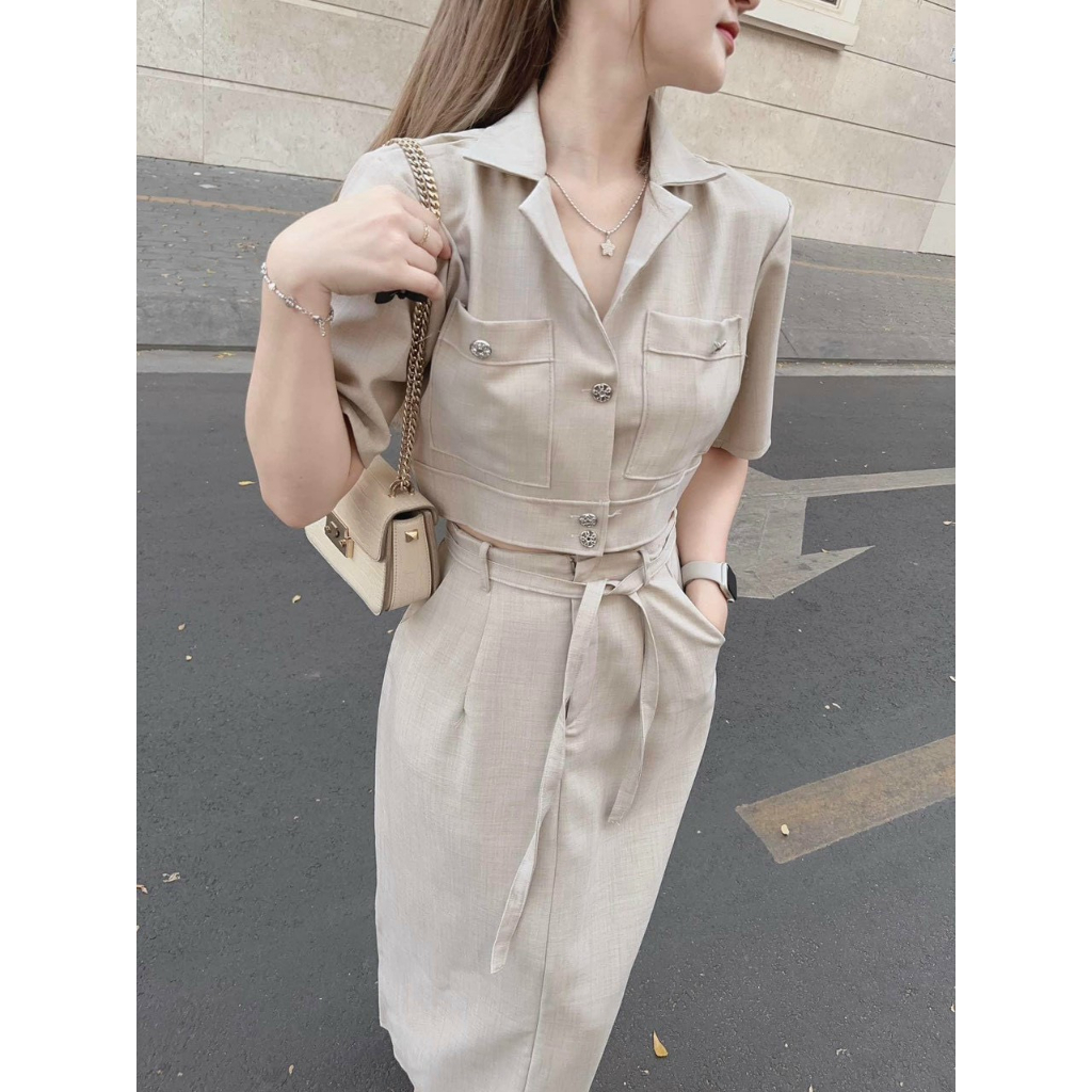 Chân váy dài có đi và áo cổ vest tay ngắn cài nút thật màu nude chất casmia cao cấp dày dặn thời trang nữ VESTA