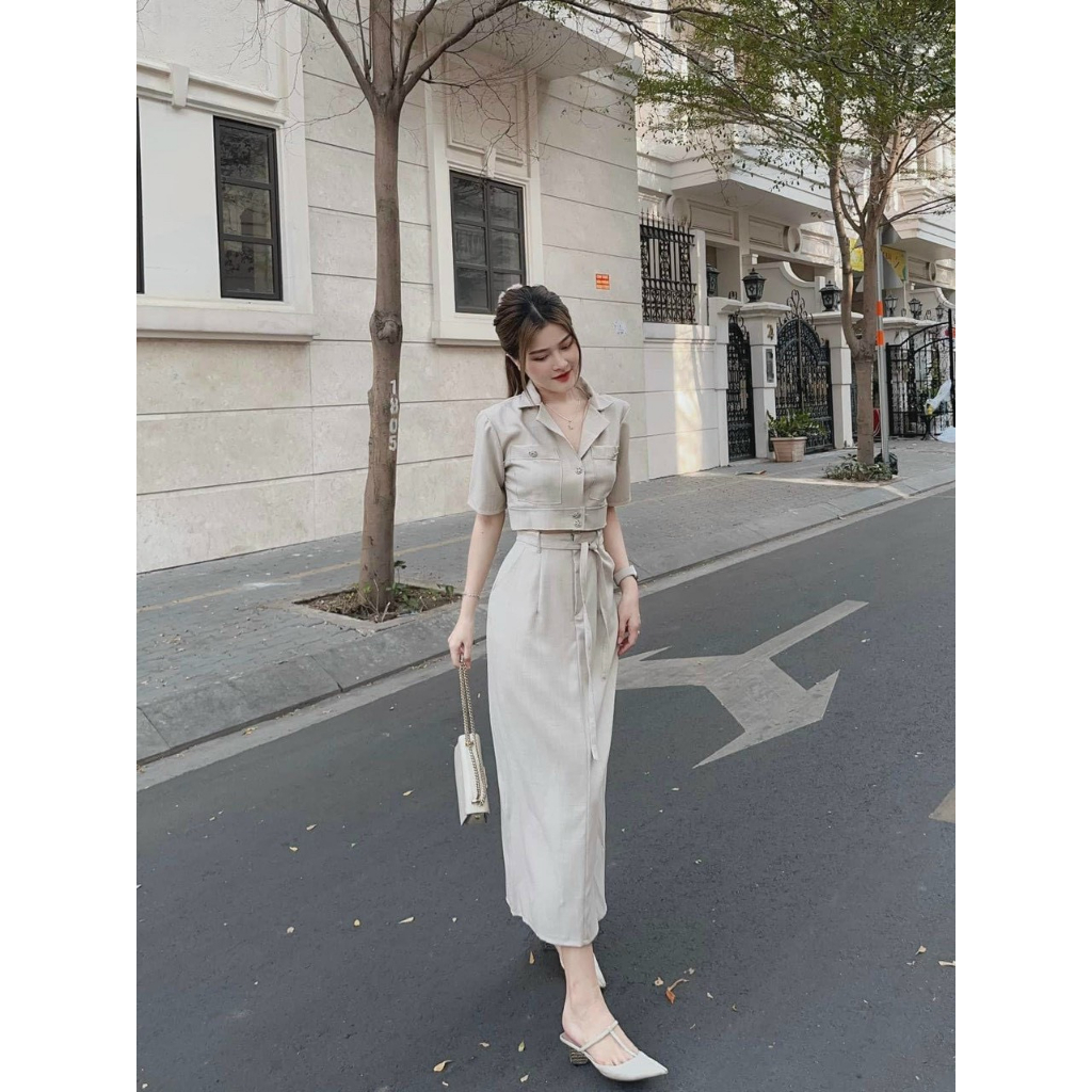 Chân váy dài có đi và áo cổ vest tay ngắn cài nút thật màu nude chất casmia cao cấp dày dặn thời trang nữ VESTA