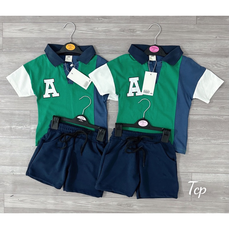 Bộ áo trụ phối màu xanh lá xanh than xinh xắn chất cotton mịn đẹp kèm quần nỉ chân cua đi học xịn sò cho bé trai