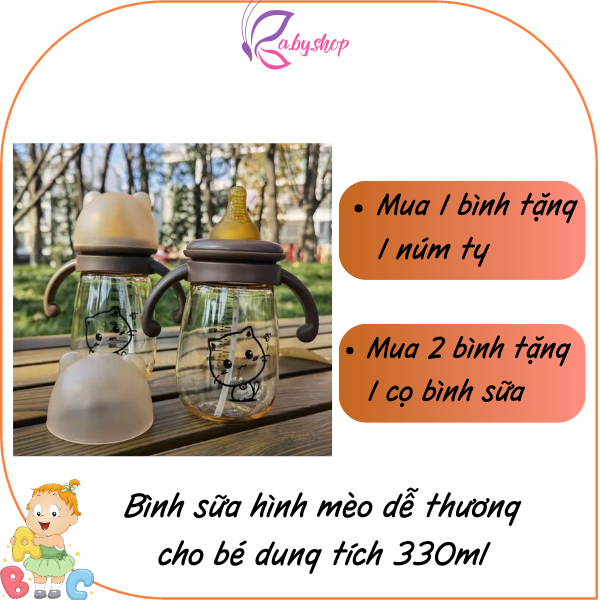 Bình sữa hình mèo dễ thương dung tích 330ml có tay cầm tiện lợi