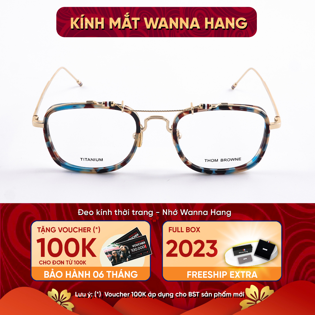 Gọng kính cận titanium cao cấp THOM BROWNE 816 dáng vuông 2 cầu thanh lịch Wanna Hang WHTB816