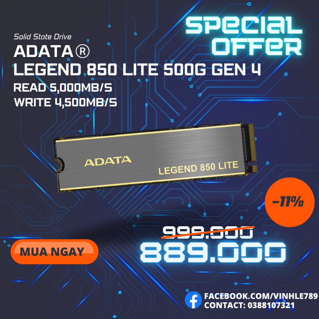 Ổ cứng SSD ADATA LEGEND 850 LITE 500GB Gen4 x4 M.2 2280 (Đoc 5000MB/s, Ghi 4500MB/s)