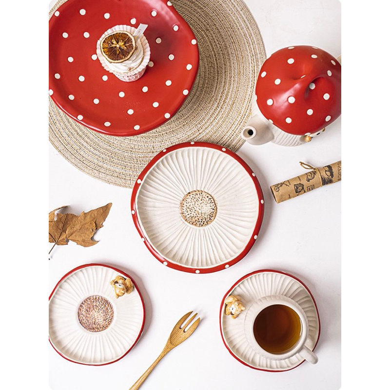 Set tách đĩa ấm trà gốm hoạ tiết nấm sóc 🍄🐿