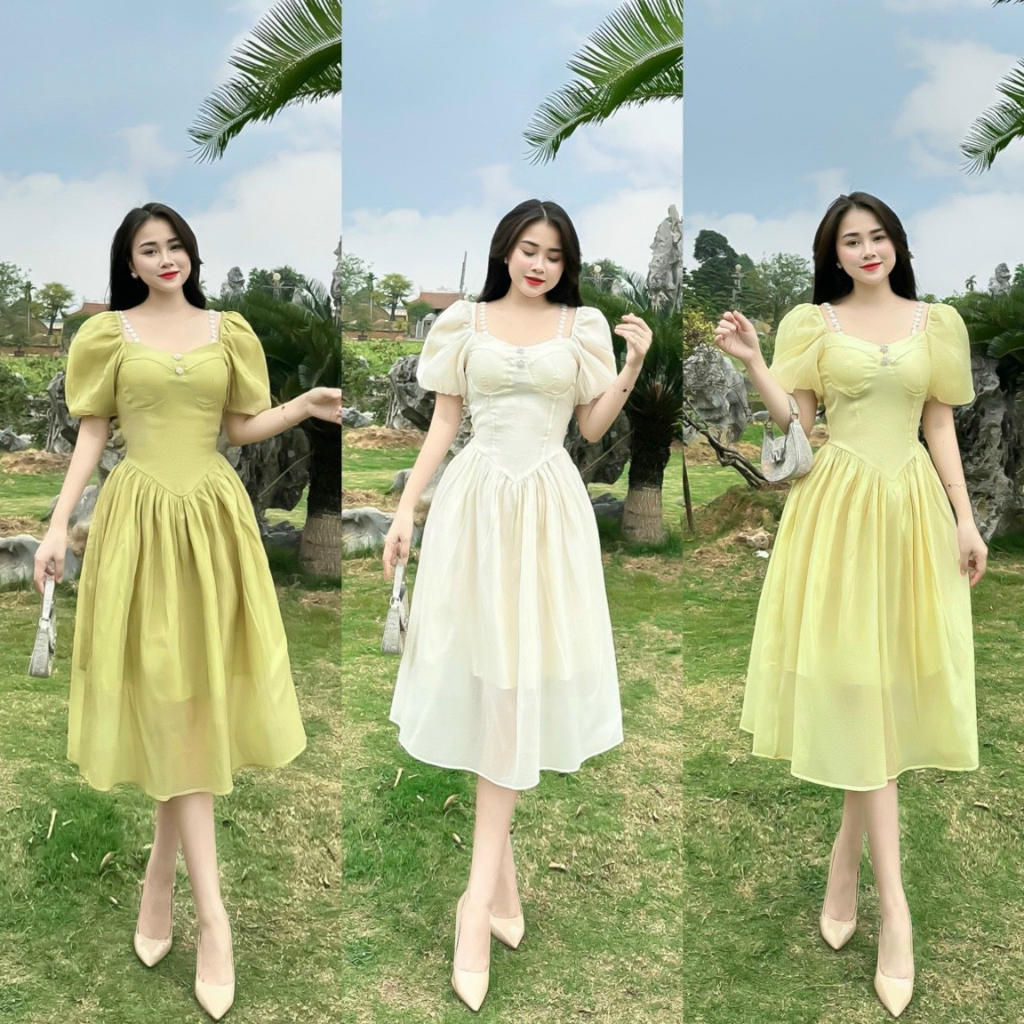 Váy tơ tiểu thư cổ vuông