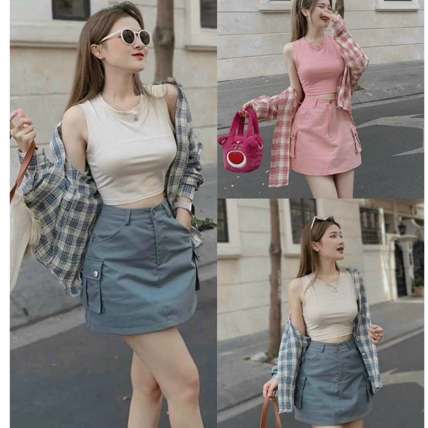 Set bộ đồ nữ 3 món áo ba lỗ croptop mix chân váy chữ A cá tính phối kèm áo khoác tone màu siêu xinh thời trang nữ MOON