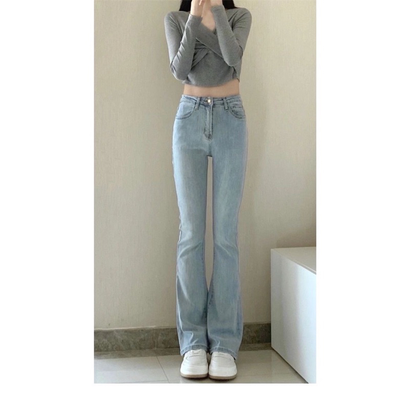 quần jean ống loe lưng cao co giãn