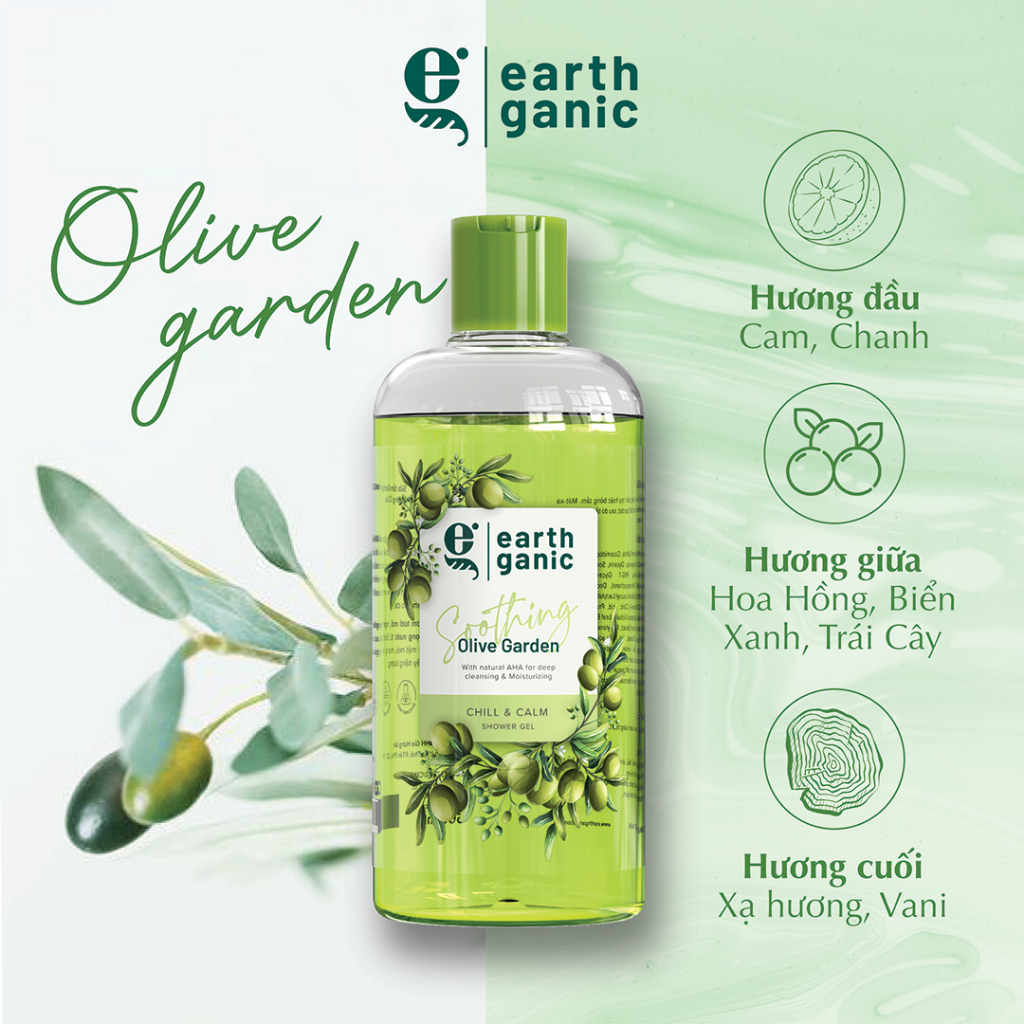 Sữa Tắm Thiên Nhiên Earthganic Hương Ô-liu Cấp Ẩm Làm Sạch Sâu Với AHA Từ Trái Cây 500ml