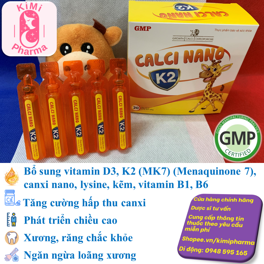 Vitamin D3 K2 canxi nano Calci Nano K2-Hộp 20 ống, ống 10ml
