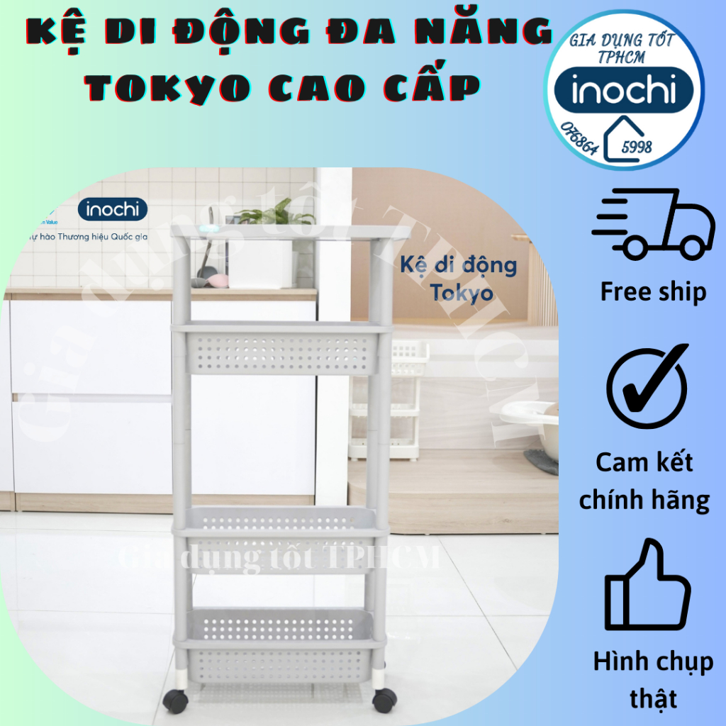Kệ di động Tokyo 4 tầng Inochi màu Trắng/Ghi, kệ có bánh xe và tay nắm di chuyển dễ dàng tiện lợi, kệ nhà bếp, kệ bếp