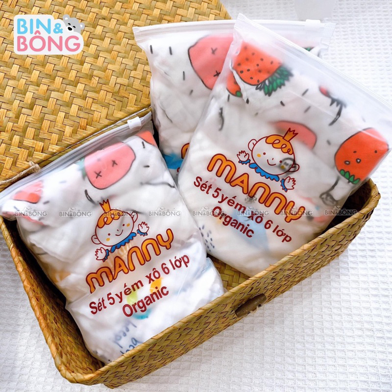 SET 5 CHIẾC KHĂN XÔ SỮA MUSLIN MANNY 6 LỚP MỀM MẠI AN TOÀN CHO EM BÉ