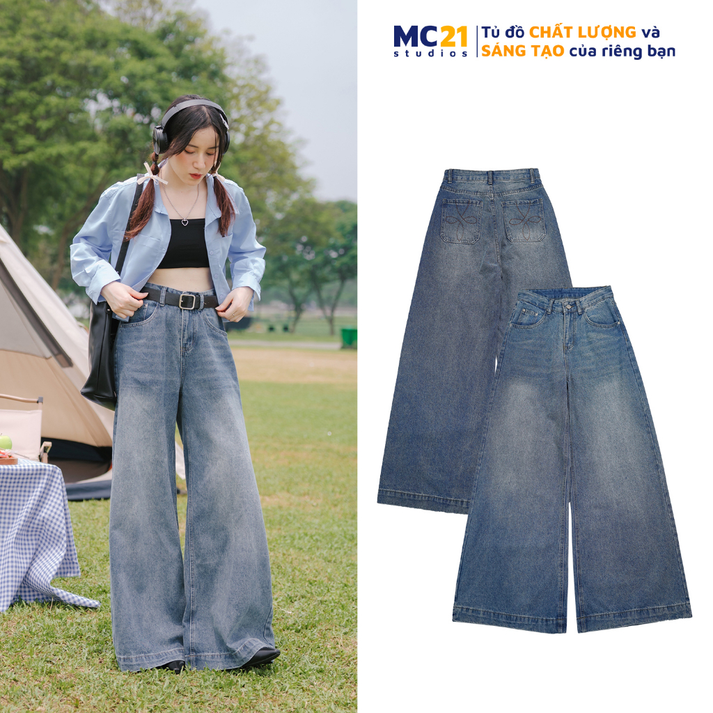 Quần jeans ống rộng dài MINIONCLOTHING lưng cạp cao dáng suông bigsize Ulzzang Streetwear chất jean bò Hàn Quốc Q3505